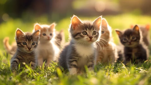 Young kittens explore sunlit meadow with playful curiosity and wonder.