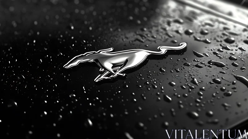 Chrome horse emblem on rain soaked black car hood