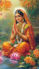 Hindu goddess sits in serene prayer beside reflective lotus pond
