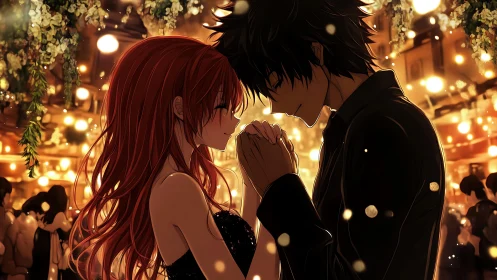 Soft lights cradle a tender anime couple in quiet romance