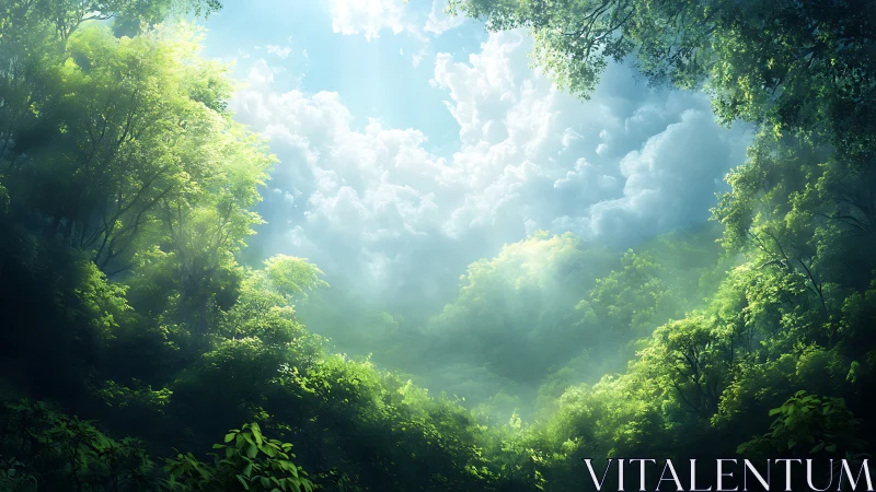 Luminous Forest Canyon with Volumetric Atmospheric Light and Cumulus Cloud Formations