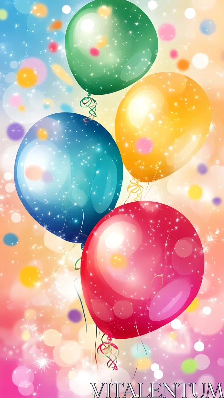 Iridescent Balloons with Dynamic Particle Emitters in Gradient Background.