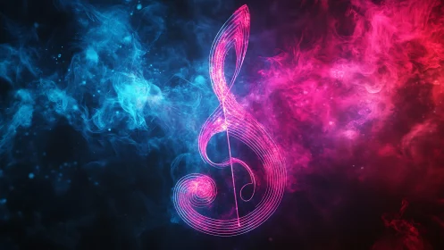 Neon treble clef symbol amid blue and magenta smoke field.