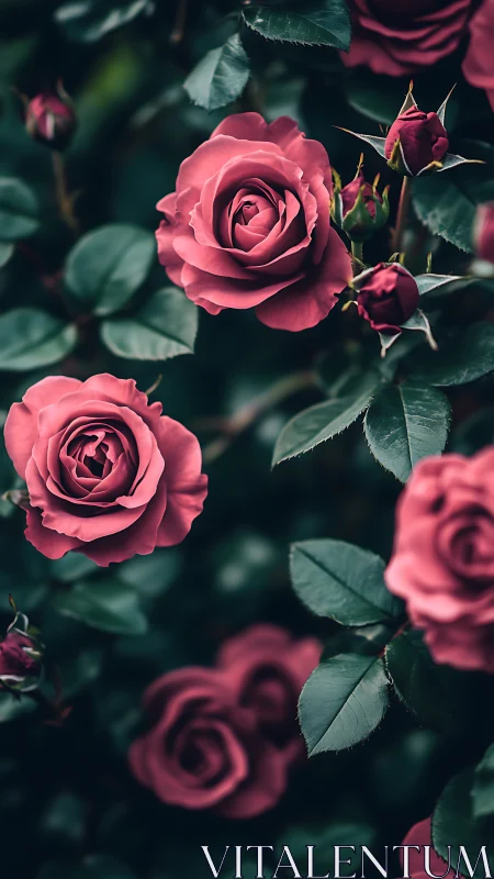 Pink Roses with Thorned Buds in Garden Setting.
