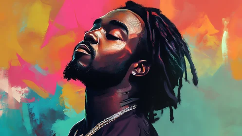 Digital painting portrait with chromatic abstract gradient field.