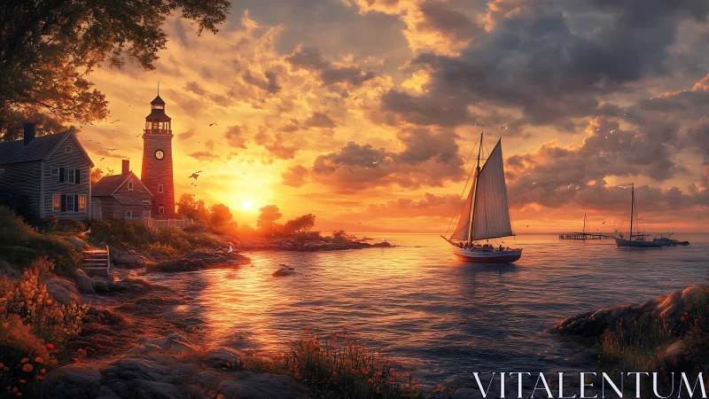 Golden-hour coastal harbor scene renders luminous sailboats