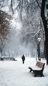 Solitary figure walking through a snow-laden urban park
