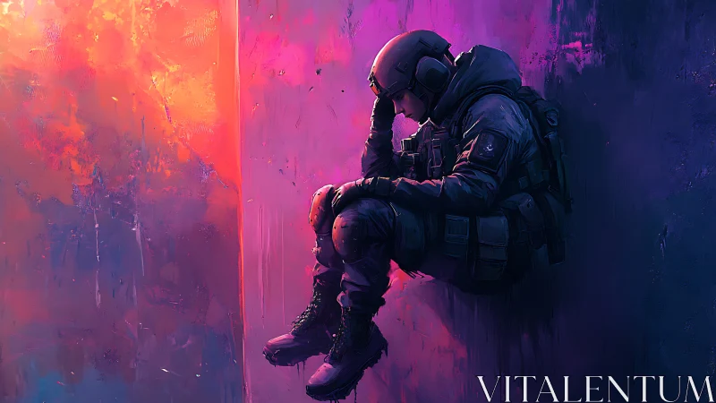 Armored soldier sits in neon corridor, lost in reflection