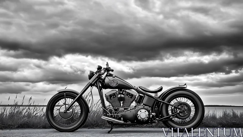 Custom bobber motorcycle under dramatic cloudy sky.