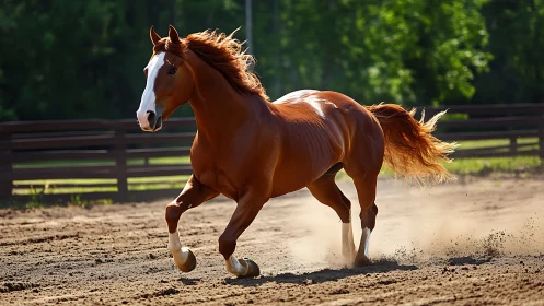 Chestnut horse gallops through sunlit outdoor arena.