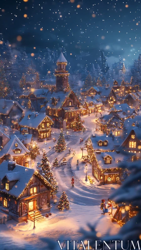 Snowlit Christmas village under warm festive lantern glow.