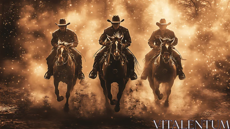 Cinematic trio of cowboys on horseback in glowing dust storm.