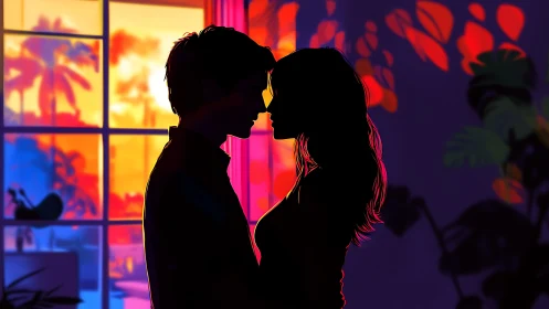 Silhouetted figures kissing with vibrant neon chromatic backlighting throughout interior space