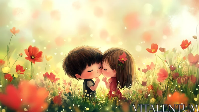 Two animated figures kissing in flowering meadow scene.
