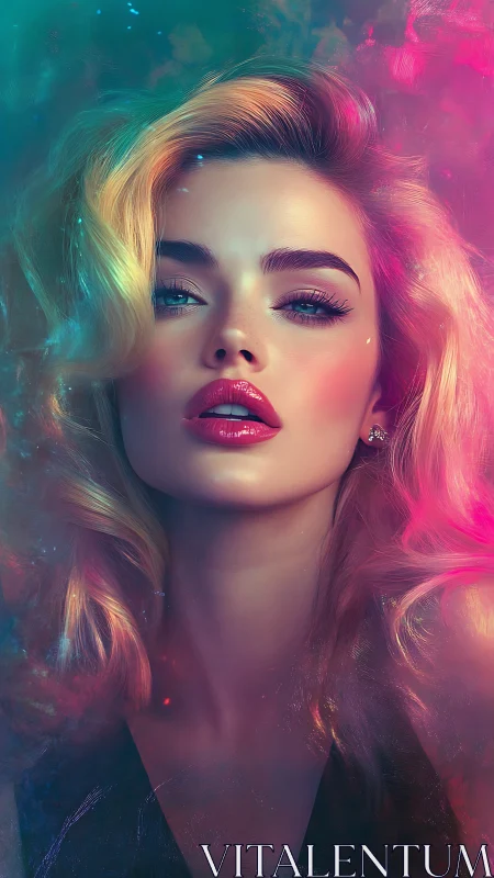 Neon-lit portrait of glamorous woman in cosmic hues.