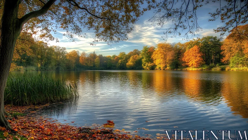 Calm forest lake reflects vivid autumn foliage and sky