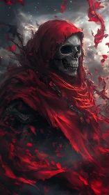 Crimson reaper drifts through storm-torn petals of oblivion
