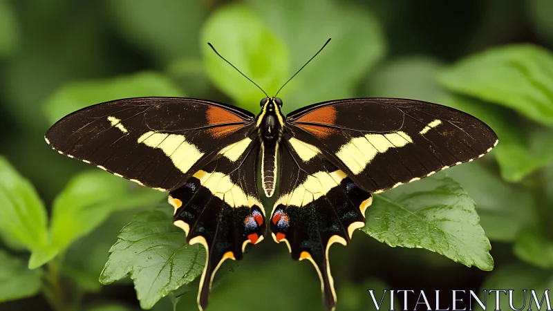 Swallowtail butterfly rests on lush green foliage.