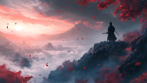 Crimson leaves whirl as a lone samurai greets the dawn mist