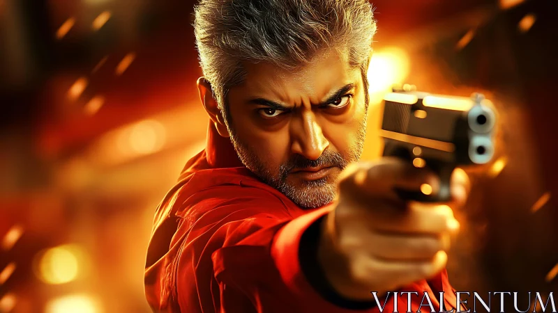 Intense silver‑haired gunman in dynamic orange bokeh action