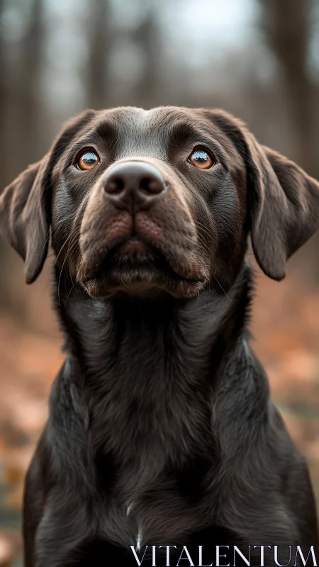 Brown Labrador dog portrait in shallow depth of field forest.