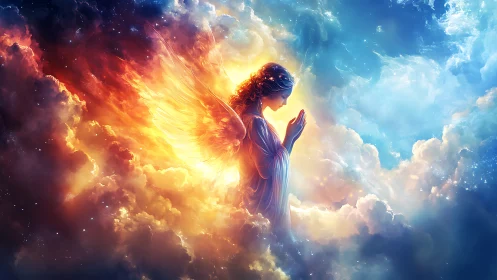 Aurora-winged guardian praying between fire and sky.