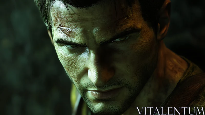 Hardened male character closeup in dramatic game lighting.
