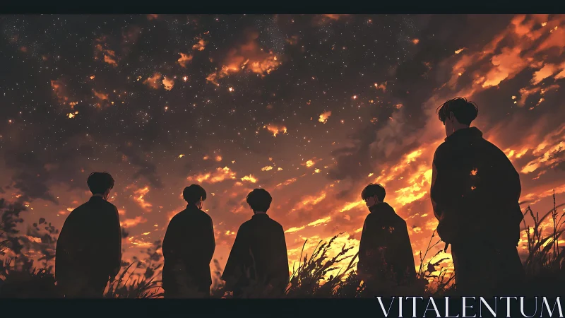 Silhouetted figures under dense stars and orange dusk sky.