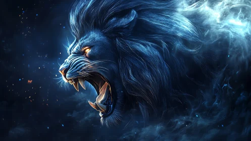 Roaring cosmic lion emerges from swirling blue starlight