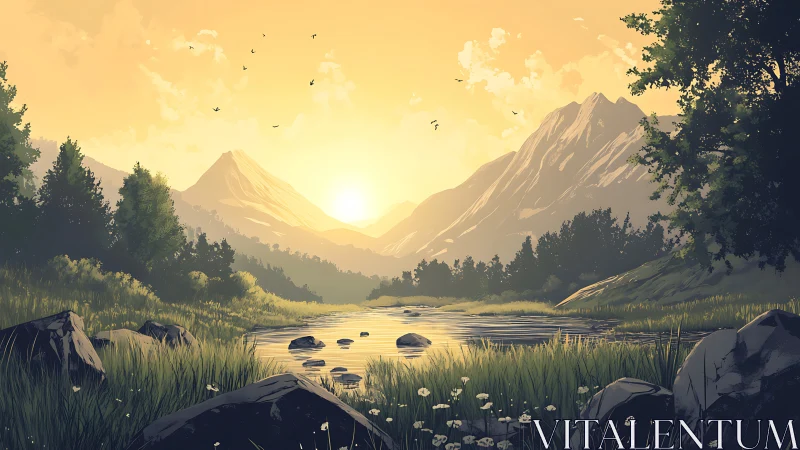 Sunrise hush over misty mountains and river of quiet gold.