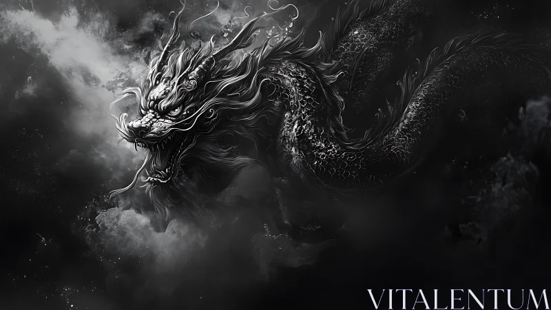 Monochrome eastern dragon emerging from dense storm clouds.