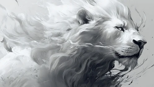 Monochrome digital painting of a windswept lion head.
