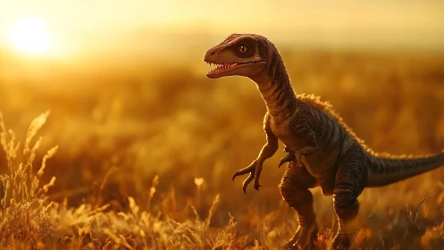 Tiny raptor strides through molten sunset grasslands, grinning