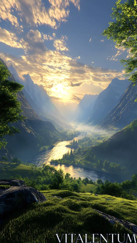 Sunlit river carves a dreamlit path through emerald valleys.