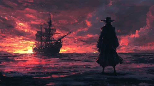 Solitary figure watches sailing ship against red sunset sky
