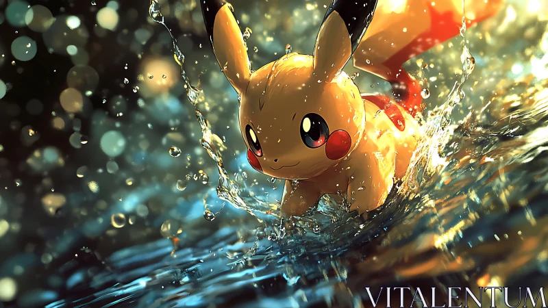 Playful Pikachu splashing through glowing golden water.