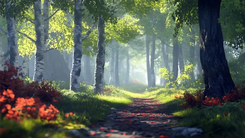 Photorealistic forest pathway with volumetric lighting through birch tree canopy