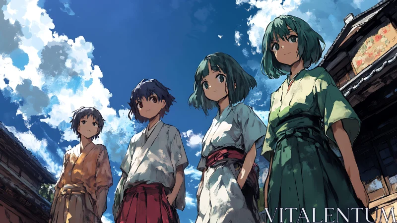 Youthful villagers under dramatic summer sky in anime style.