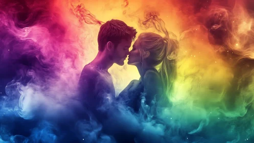 Silhouetted Romantic Couple in Dynamic Multicolor Volumetric Light Gradient
