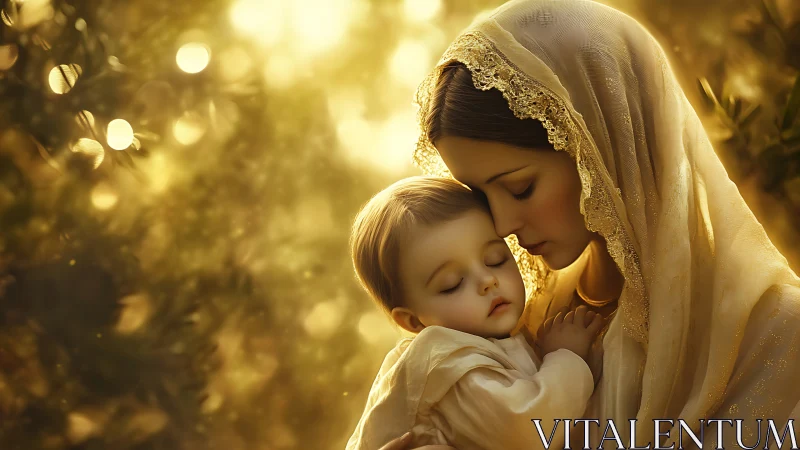 Soft backlit portrait shows mother cradling infant in golden haze