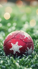 Red snowflake ornament ball resting on frosty green grass.