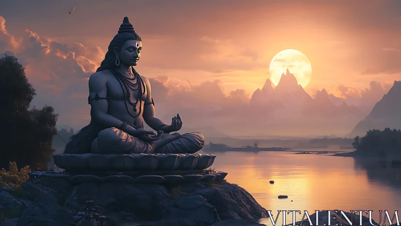 Stone deity statue in lotus pose before lake and sunset.