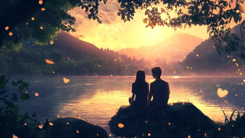 Two figures silhouetted against luminous sunset over mountain lake