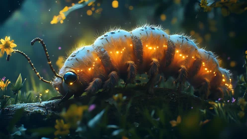 Bioluminescent caterpillar crossing a mossy log at dusk.