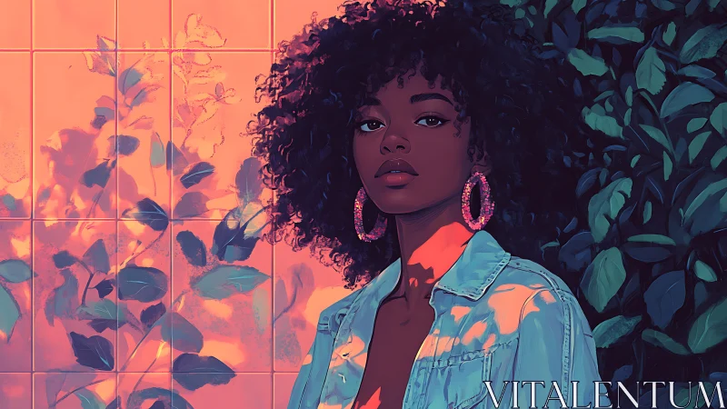 Sunlit portrait of woman with curls in high contrast neon foliage