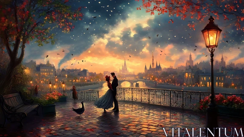 Autumn Romance Over Gothic City at Dusk.