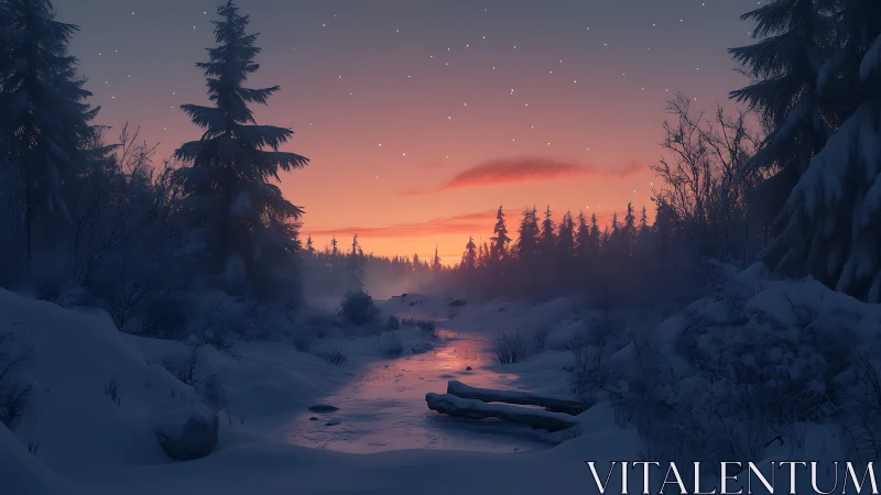 Winter twilight river glows softly beneath a gentle sky