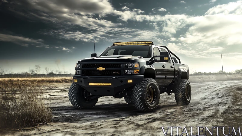 Lifted off-road truck with LED light bars on muddy rural track