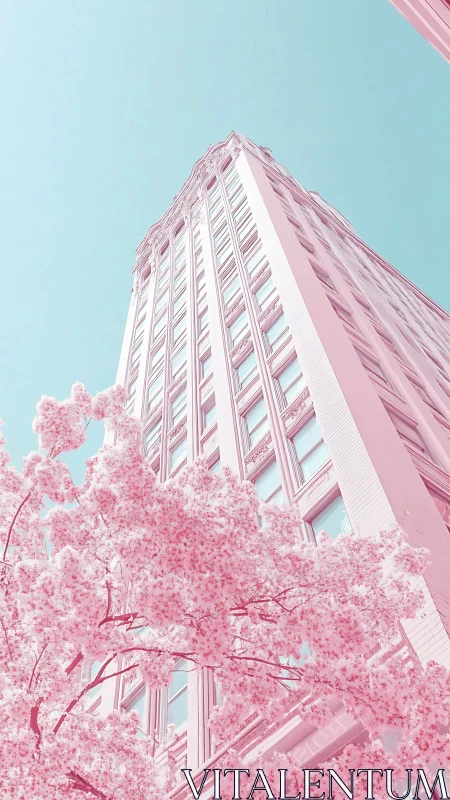 Cotton candy tower rising through pastel cherry blossom skies.