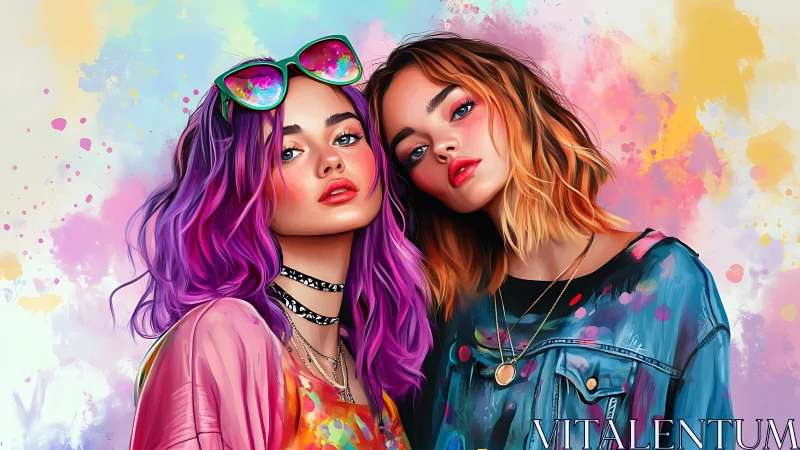 Chromatic portrait of two stylized women in neon pigment fields.